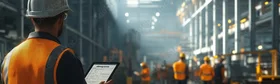 Ingenieur mit Tablet in Fabrikhalle, weitere Arbeiter im Hintergrund.
