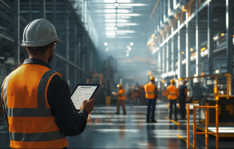 Ingenieur mit Tablet in Fabrikhalle, weitere Arbeiter im Hintergrund.